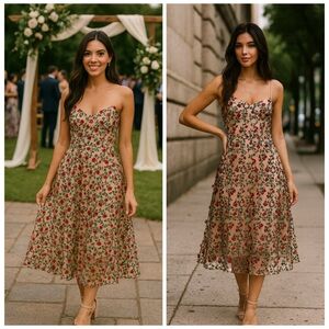NWT Dress the Population Janice Nude Floral Embroidered Romantic Midi Dress XS